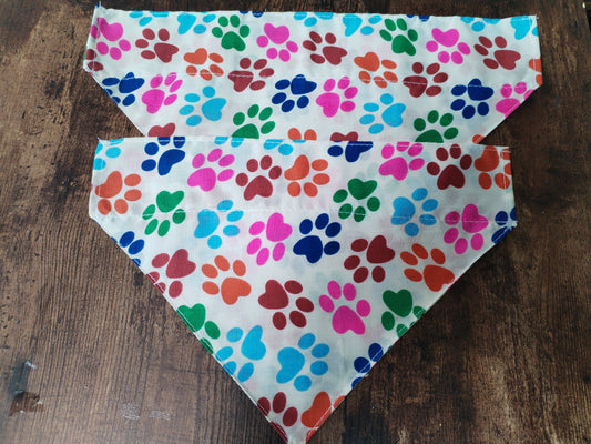 Multi coloured paw print bandanas.